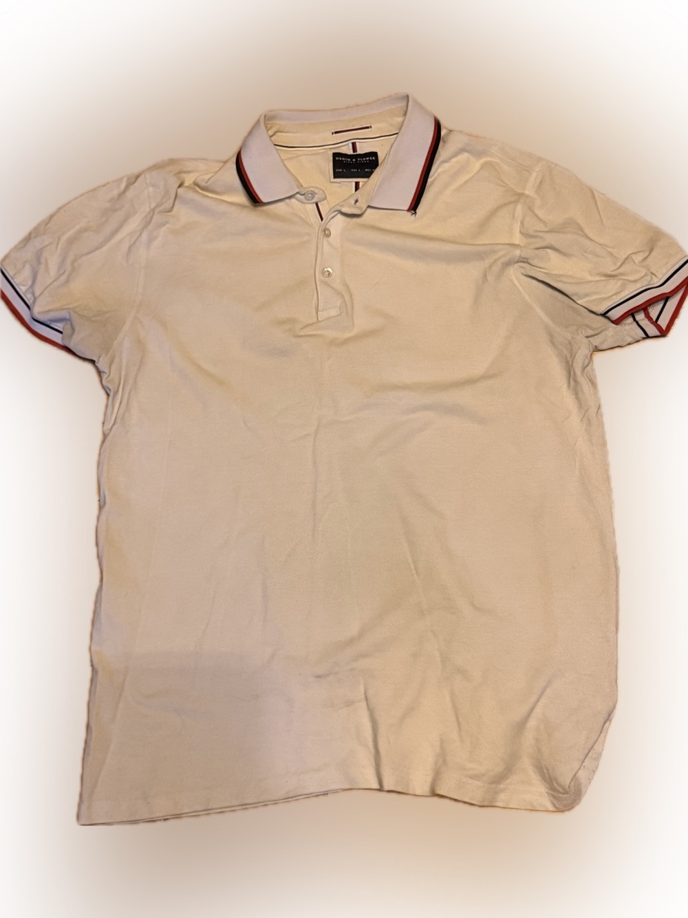Denim & Flower Cream Polo with Red and Black Trim Large